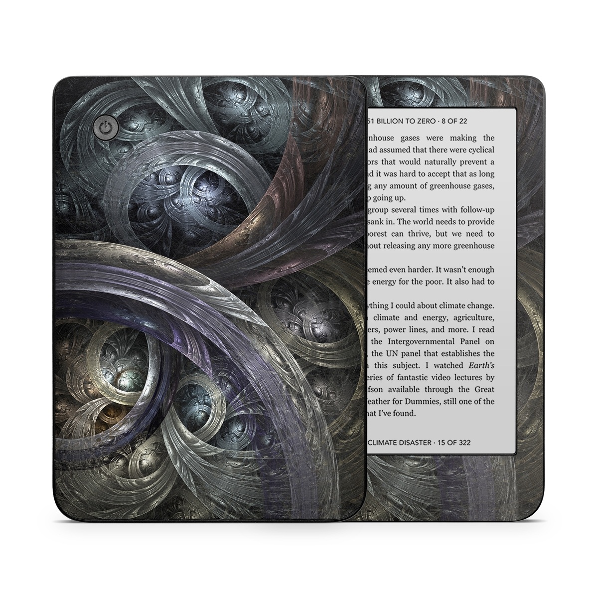 Kobo Clara 2E Skin design of Fractal art, Graphic design, Art, Cg artwork, Darkness, Circle, Pattern, Illustration, Graphics, Metal, with black, gray, blue colors