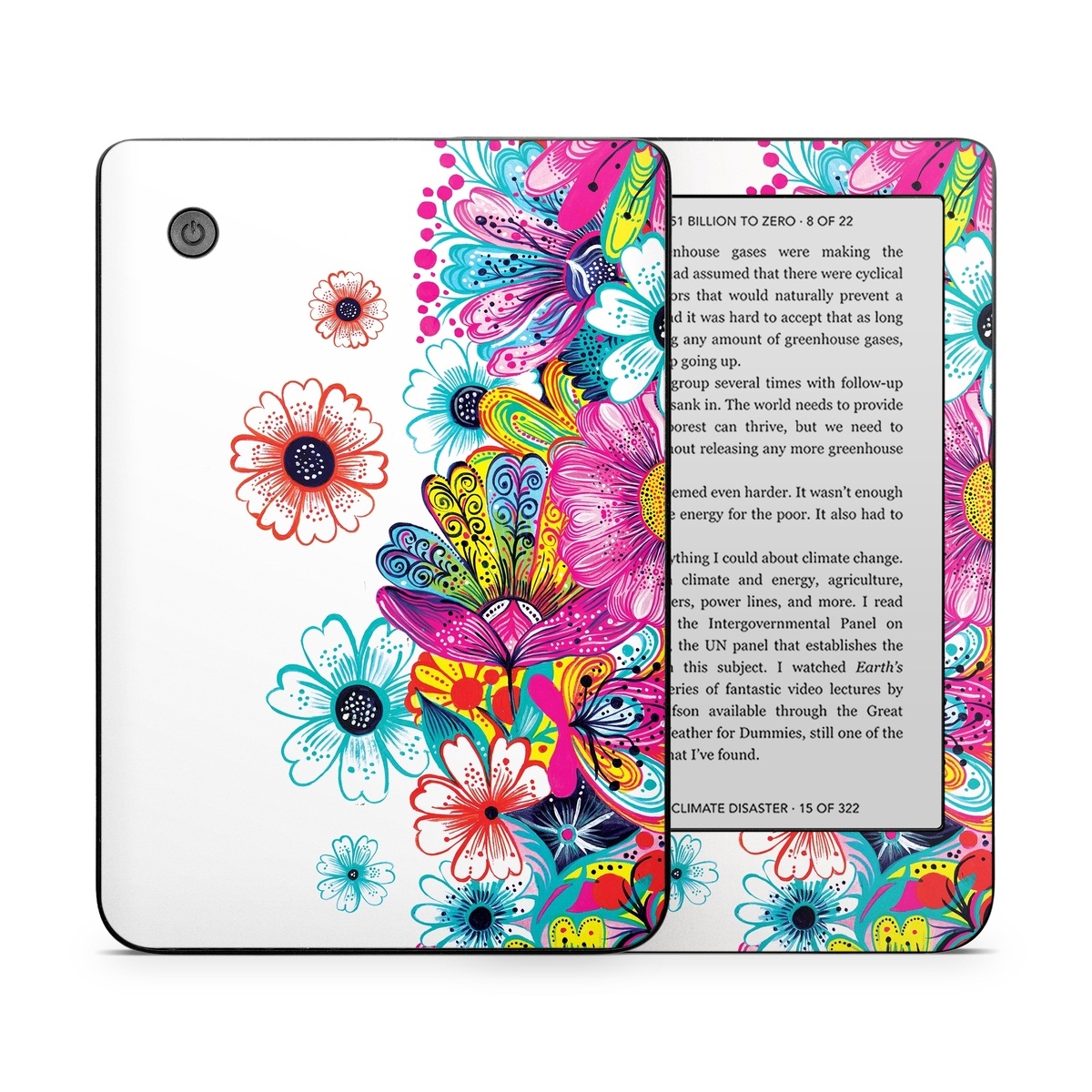 Kobo Clara 2E Skin design of Pattern, Floral design, Design, Graphic design, Flower, Wildflower, Plant, Graphics, Clip art, Visual arts, with white, pink, blue, yellow, purple, red colors