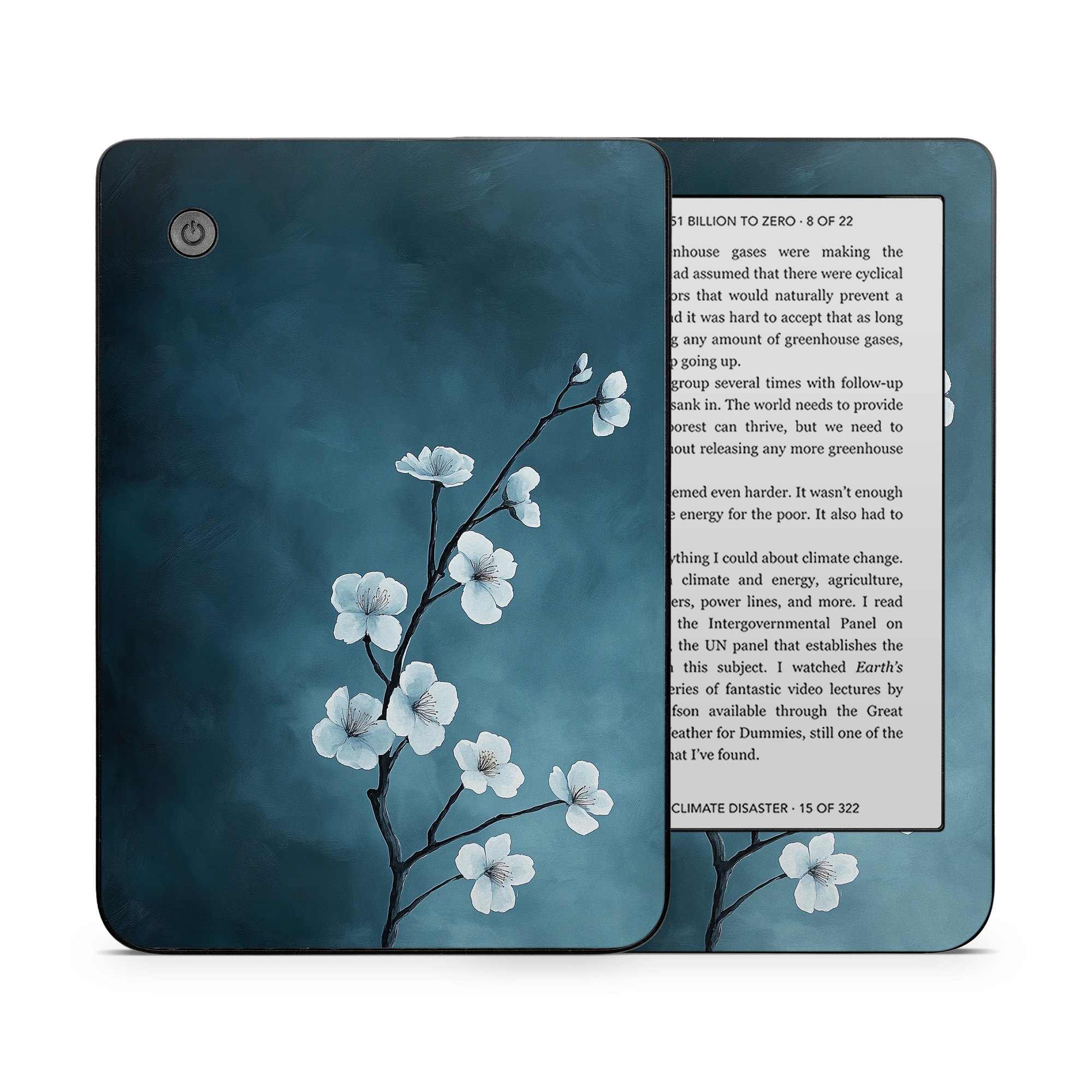 Kobo Clara 2E Skin design of Flower, Nature, Petal, Branch, Twig, Sky, Flowering plant, Cloud, Blossom, Tree, with black, blue, white, gray colors