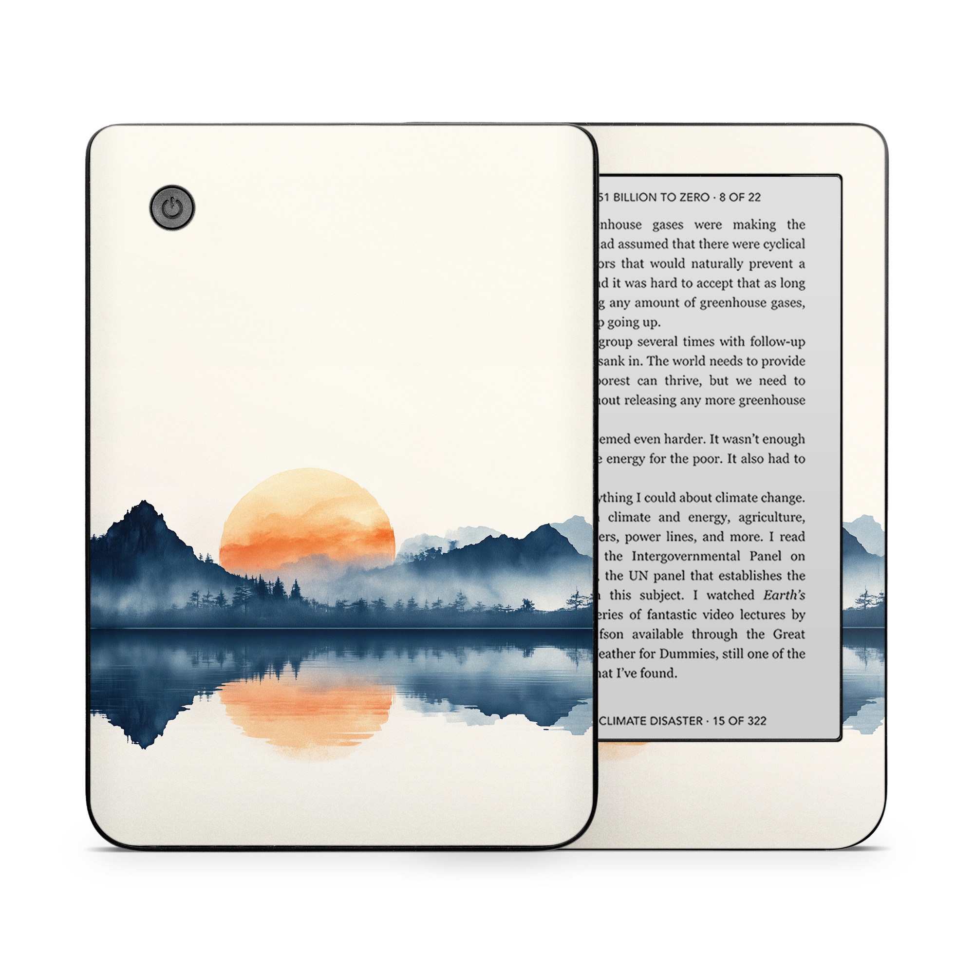 Kobo Clara 2E Skin design of Water, Water resources, Sky, Mountain, Natural landscape, Lake, Atmospheric phenomenon, Landscape, Horizon, Afterglow, with black, blue, white, gray, yellow, orange, red colors