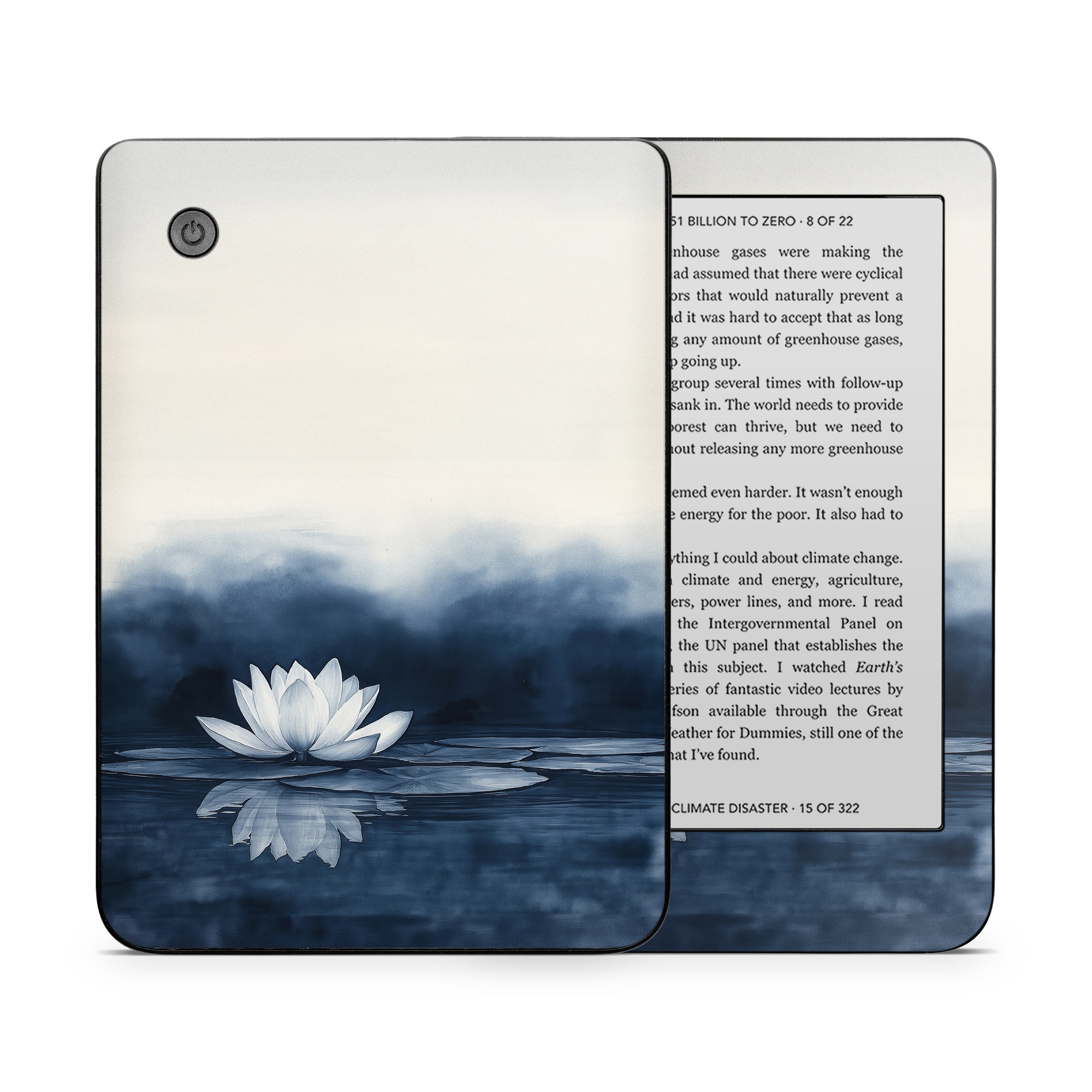 Kobo Clara 2E Skin design of Water, Flower, Plant, Liquid, Lotus, Sky, Nature, Petal, Fluid, Sacred lotus, with black, blue, white, gray colors