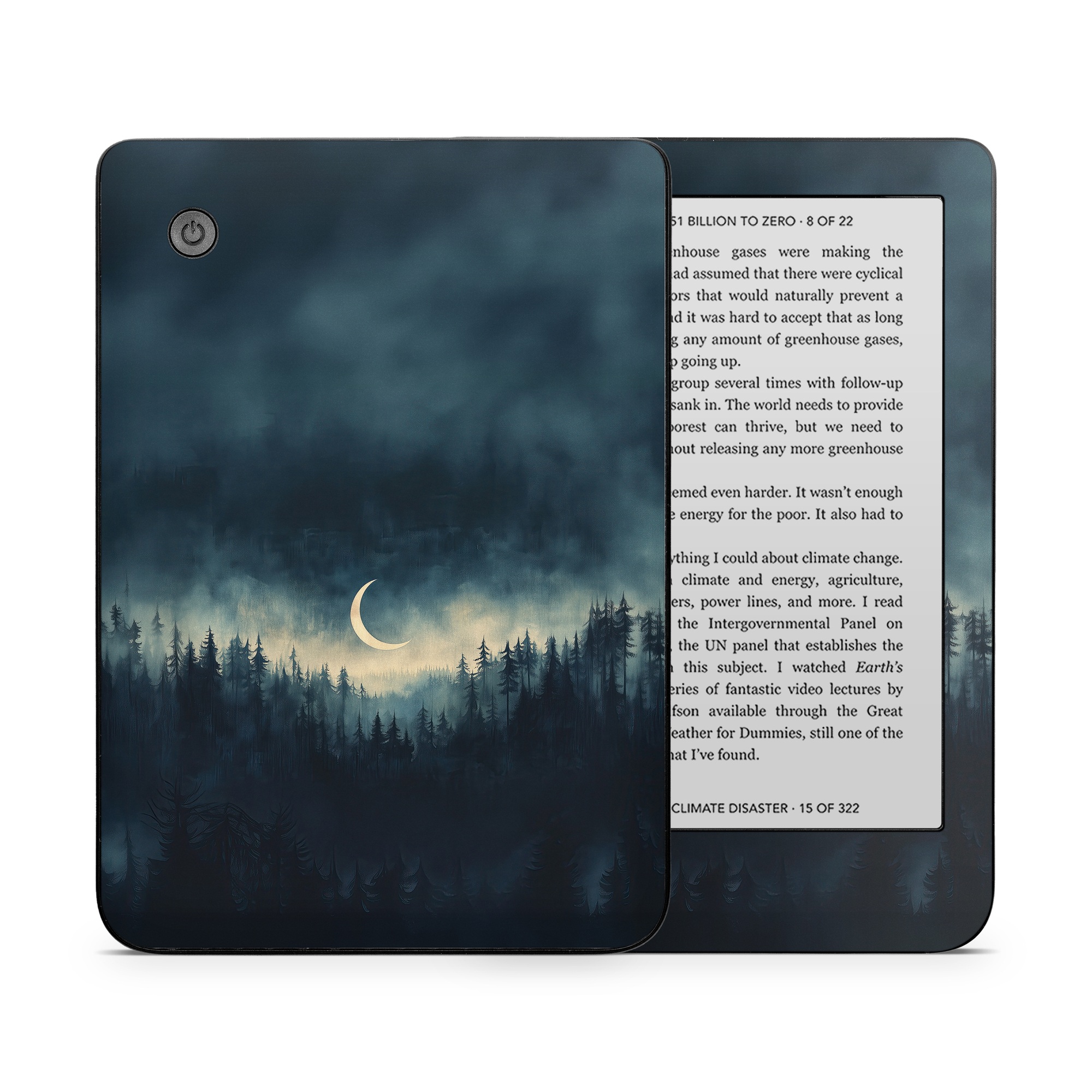 Kobo Clara 2E Skin design of Cloud, Sky, Atmosphere, Moon, Ecoregion, Crescent, Natural landscape, Tree, Plant, Dusk, with black, blue, white, gray colors