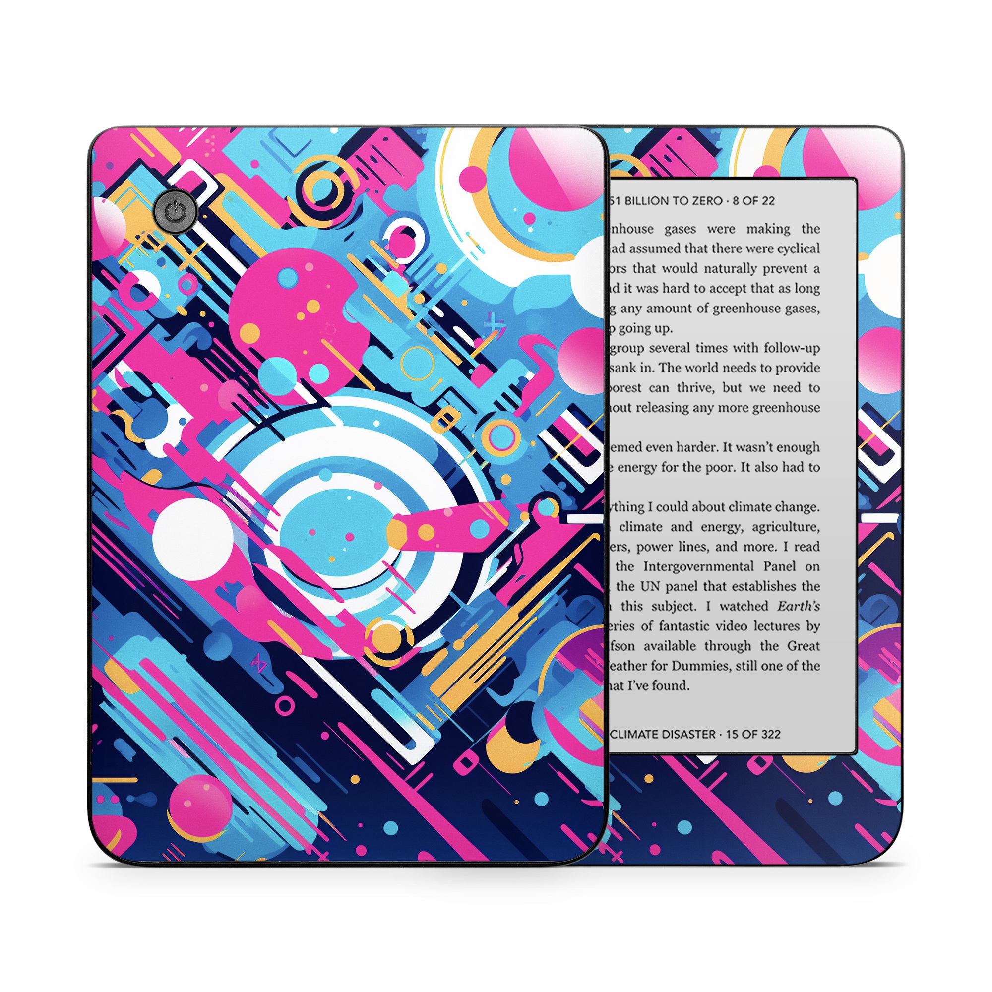 Kobo Clara 2E Skin design of Colorfulness, Font, Line, Material property, Art, Magenta, Pattern, Electric blue, Circle, Graphics, with blue, pink, black, white, orange colors