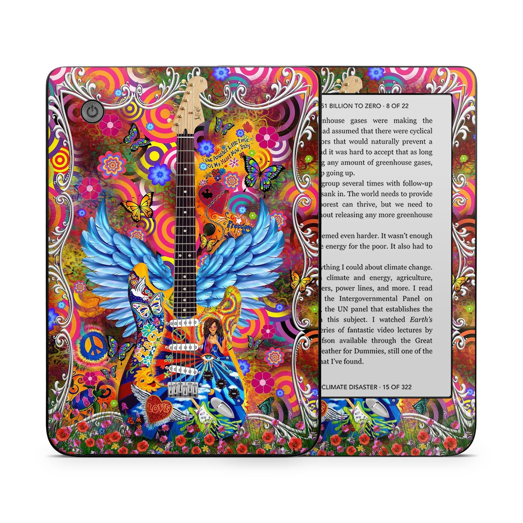 Kobo Clara 2E Skin design of Musical instrument, Guitar, Guitar accessory, Textile, Organism, String instrument, Plucked string instruments, String instrument accessory, Art, Font, with red, yellow, orange, pink, black, white, blue, brown, green colors