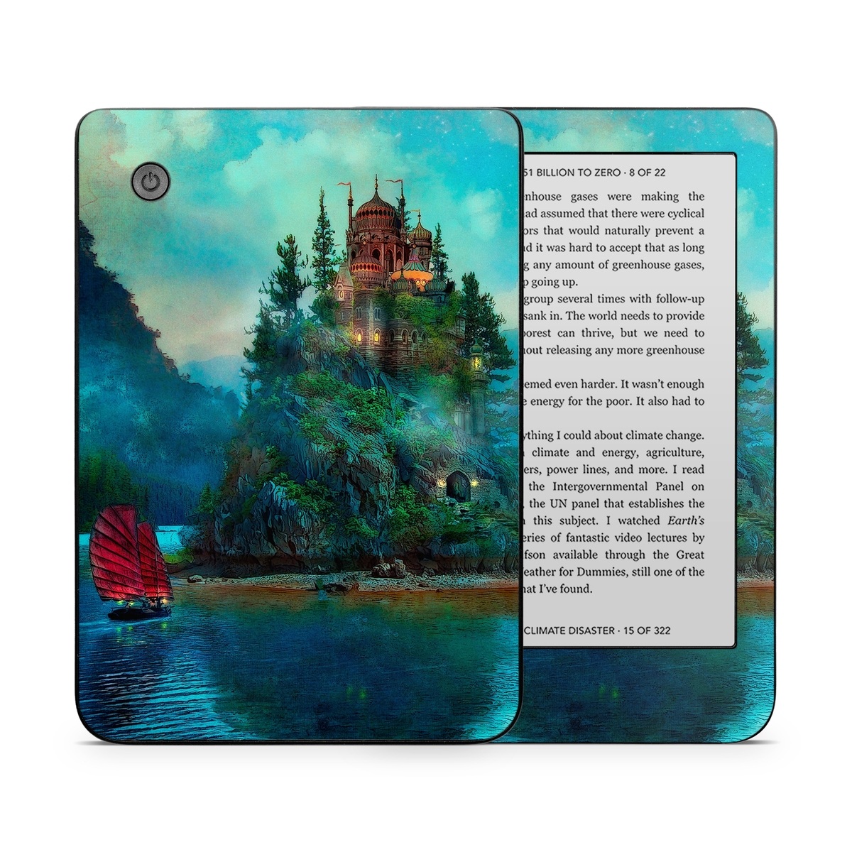 Kobo Clara 2E Skin design of Nature, Natural landscape, Sky, Painting, Landscape, Illustration, Watercolor paint, Art, Calm, Water castle, with black, gray, blue, green colors