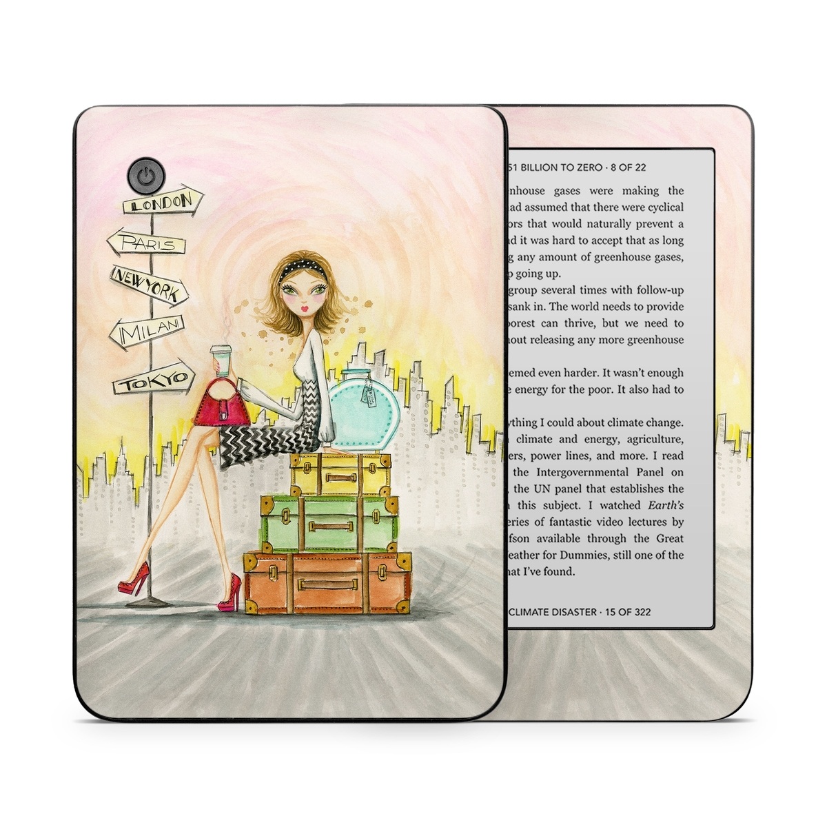 Kobo Clara 2E Skin design of Cartoon, Illustration, Art, Watercolor paint, with gray, pink, green, red, black colors