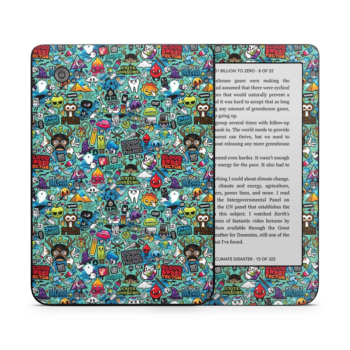 Kobo Clara 2E Skin design of Cartoon, Art, Pattern, Design, Illustration, Visual arts, Doodle, Psychedelic art, with black, blue, gray, red, green colors