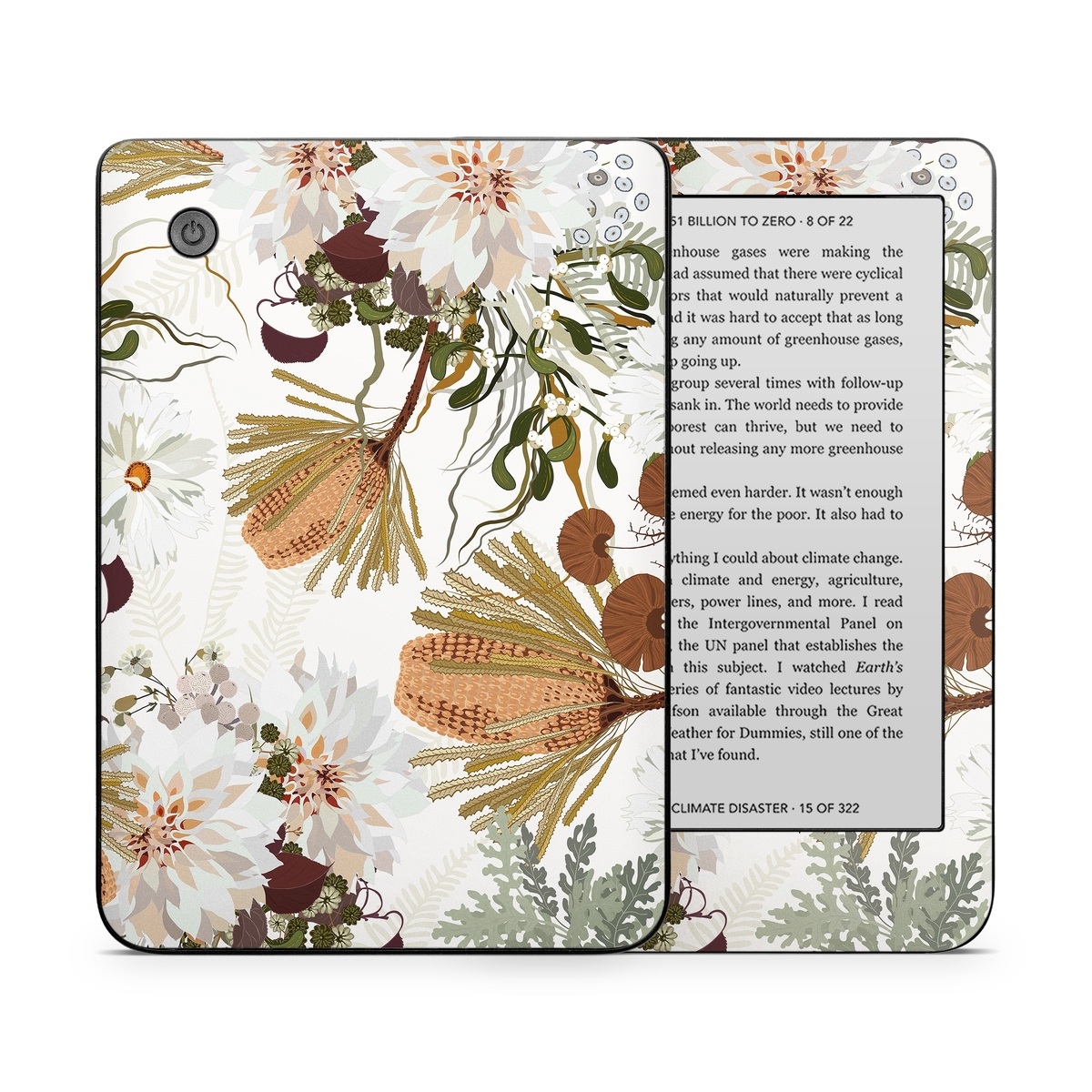 Kobo Clara 2E Skin design of Flower, Botany, Plant, Floral design, Wildflower, Pattern, Wallpaper, Textile, Petal, Butterfly, with white, brown, green, gray colors