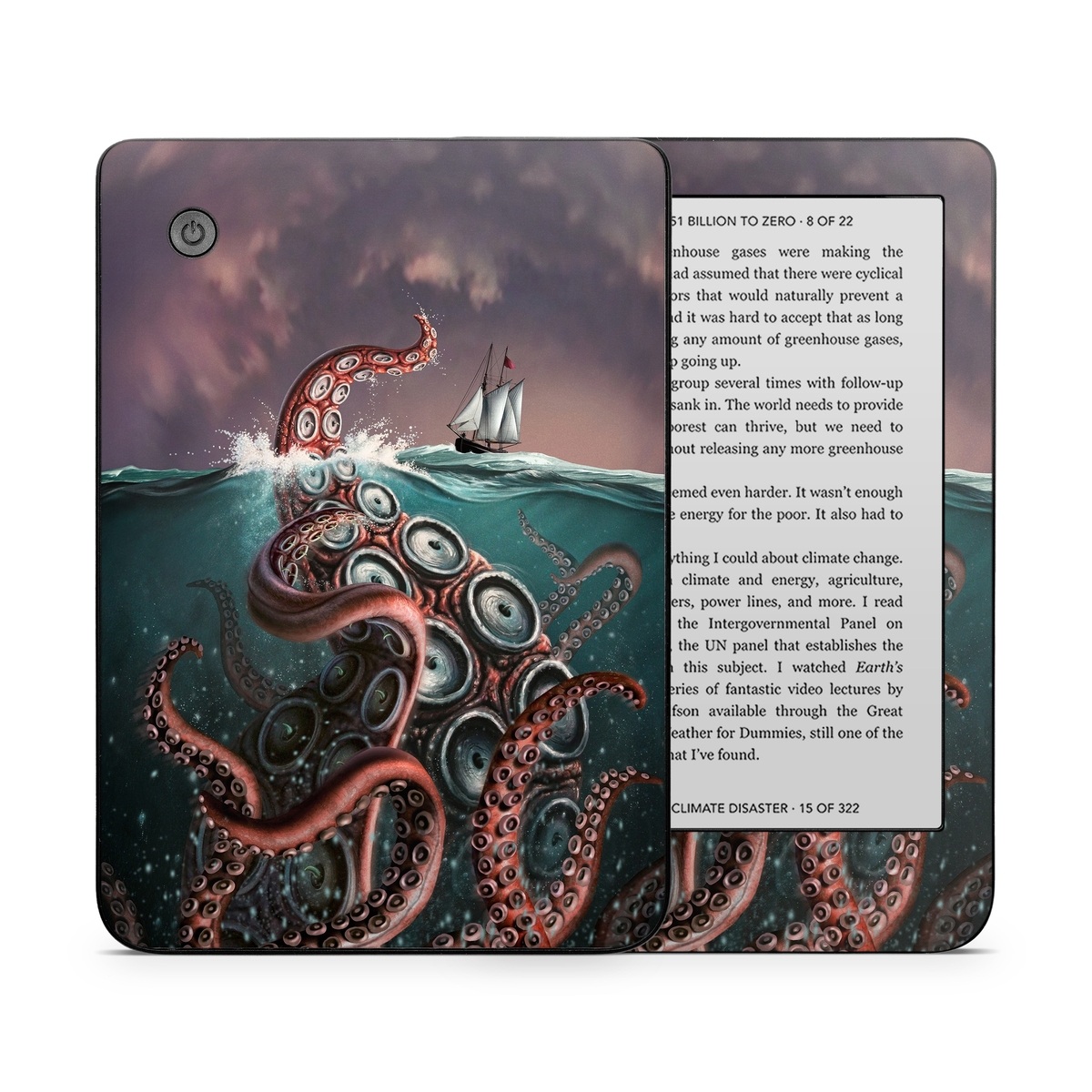 Kobo Clara 2E Skin design of Octopus, Water, Illustration, Wind wave, Sky, Graphic design, Organism, Cephalopod, Cg artwork, giant pacific octopus, with blue, gray, white, brown, red colors