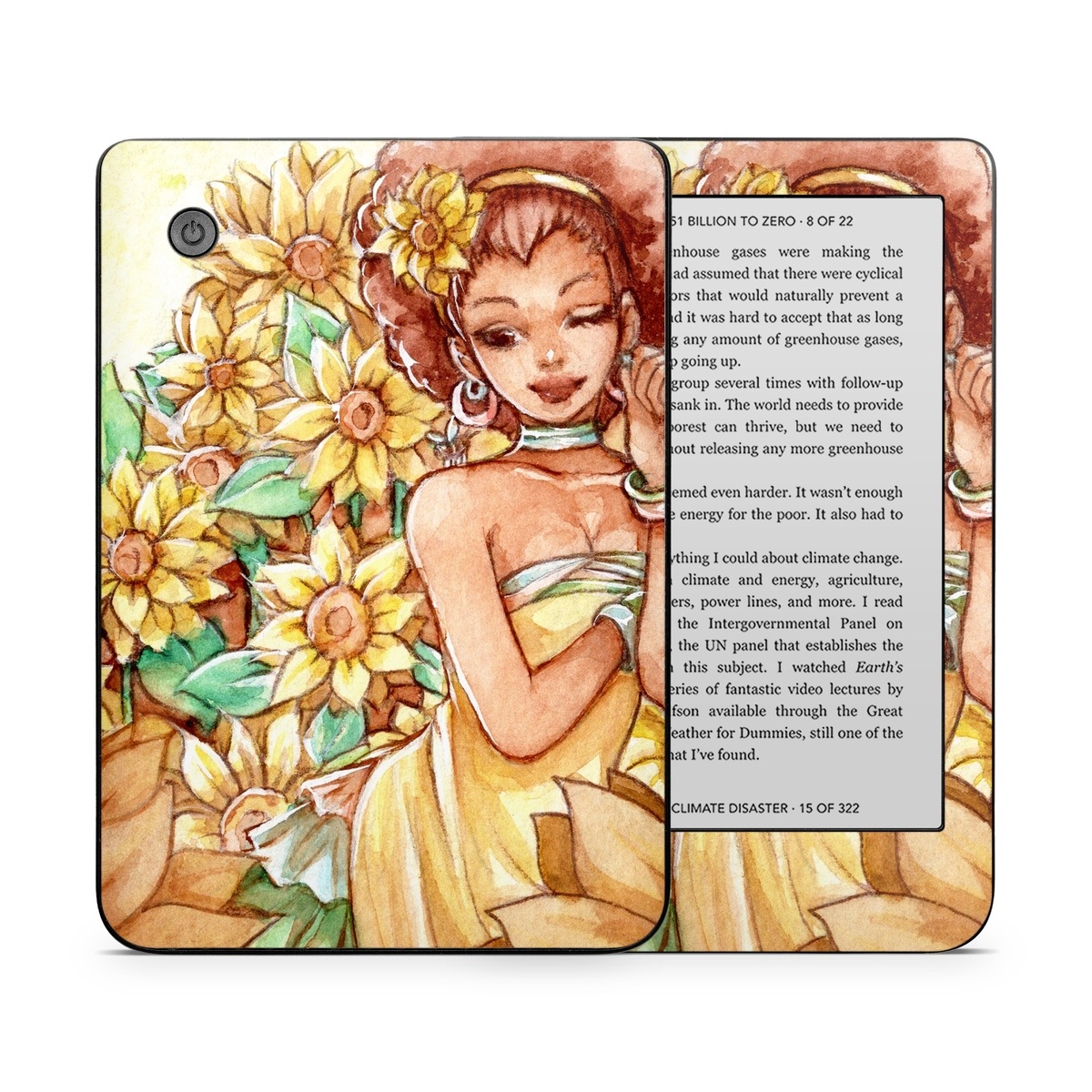 Kobo Clara 2E Skin design of Painting, Illustration, Art, Fictional character, Plant, Flower, Clip art, with yellow, orange, brown, green colors