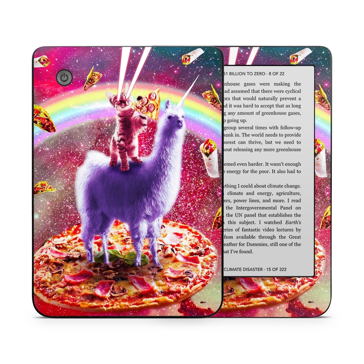 Kobo Clara 2E Skin design of Llama, Unicorn, Fictional character, Illustration, Graphic design, Livestock, Camelid, Mythical creature, Graphics, Art, with red, white, yellow, gray, purple, blue, green colors