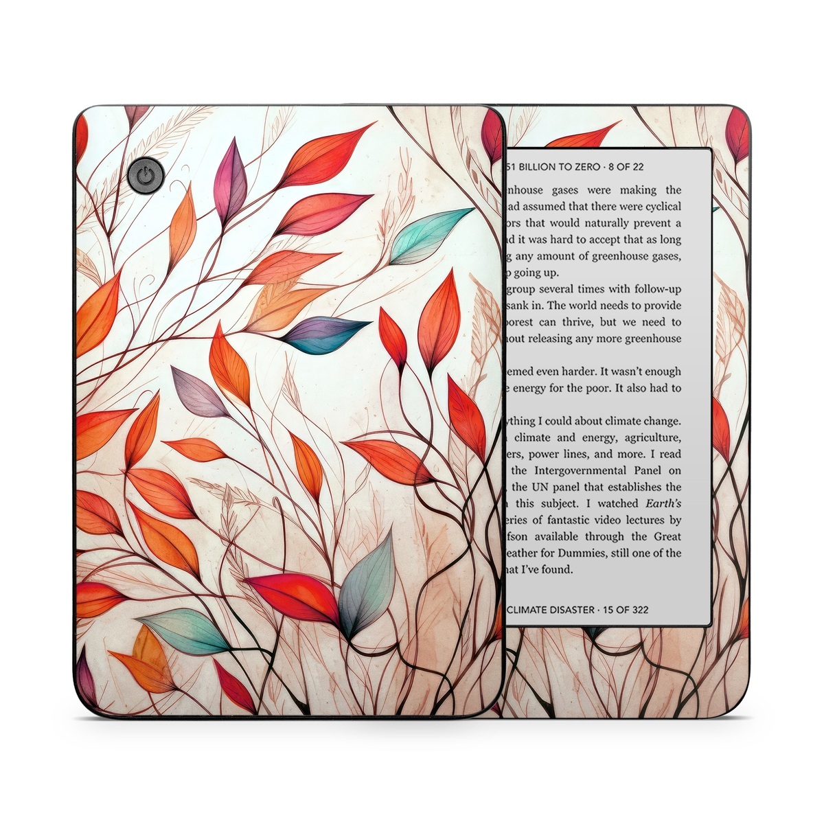 Kobo Clara 2E Skin design of Plant, Vertebrate, Art paint, Nature, Botany, Leaf, Branch, Twig, Textile, Orange, with yellow, orange, red, white, brown, blue colors