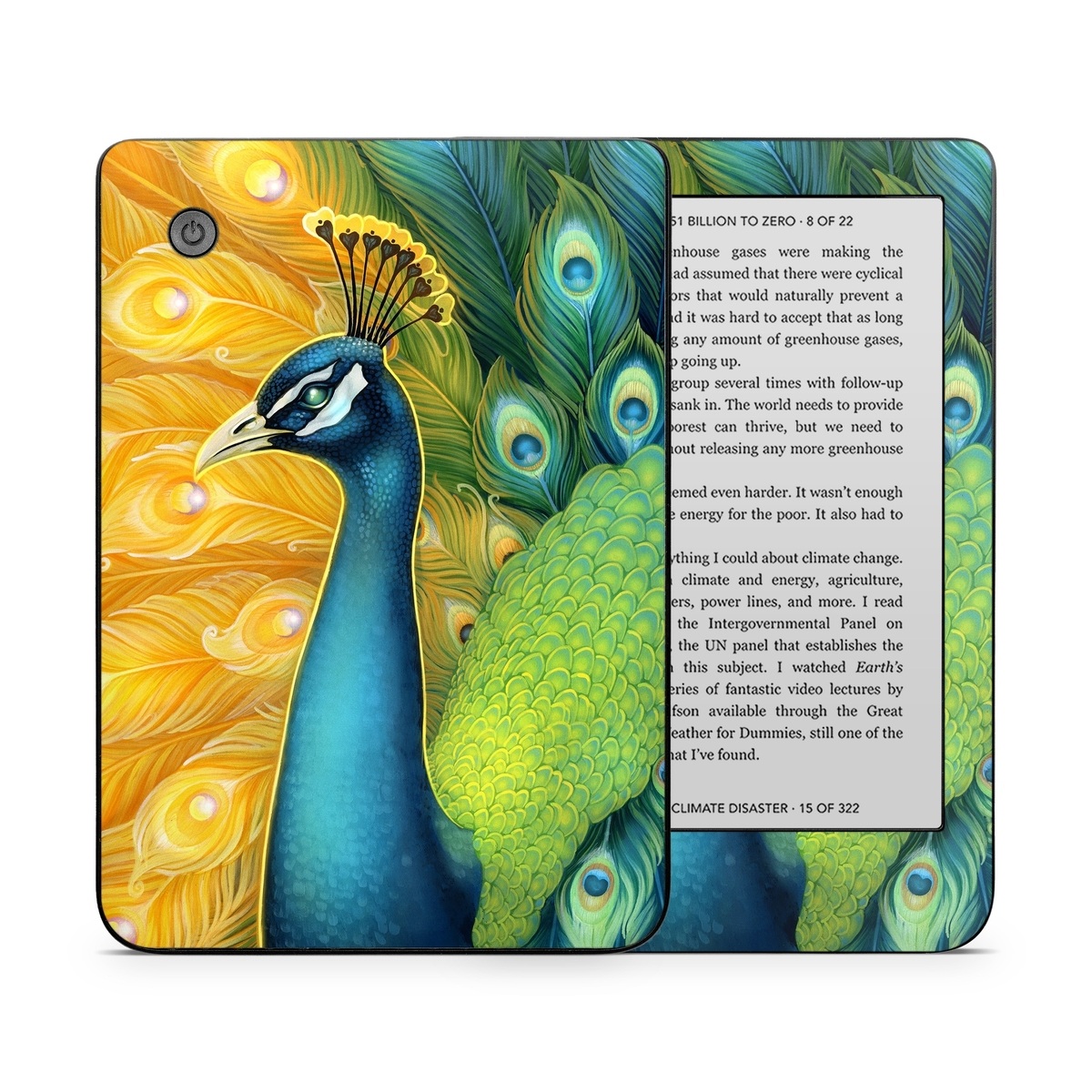 Kobo Clara 2E Skin design of Bird, Peafowl, Phasianidae, Beak, Organism, Art paint, Galliformes, Art, Feather, Painting, with yellow, orange, green, blue, white, black colors