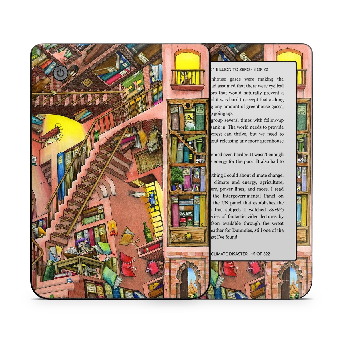 Kobo Clara 2E Skin design of Cartoon, Building, Art, Architecture, Design, Fun, Retail, Illustration, Neighbourhood, Room, with pink, yellow, blue, red, orange, brown colors