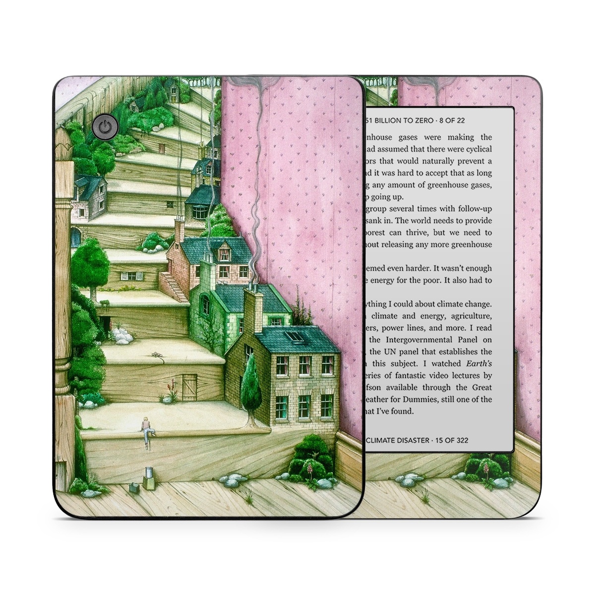 Kobo Clara 2E Skin design of Green, Stairs, House, Watercolor paint, Home, Illustration, Building, Wood, Plant, Sketch, with pink, green, brown colors