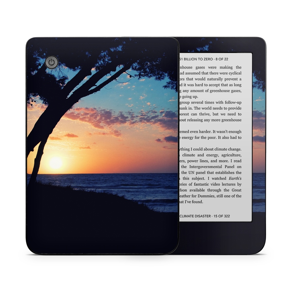 Kobo Clara 2E Skin design of Sky, Horizon, Nature, Tree, Sunset, Sunrise, Ocean, Sea, Natural landscape, Afterglow, with black, gray, blue, green, red, pink colors