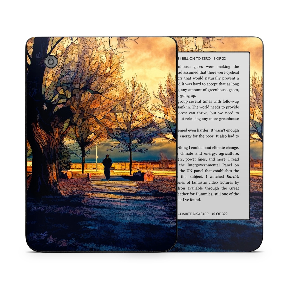 Kobo Clara 2E Skin design of Sky, Nature, Natural landscape, Tree, Cloud, Sunset, Evening, Morning, Sunrise, Horizon, with black, brown, yellow, orange, blue colors
