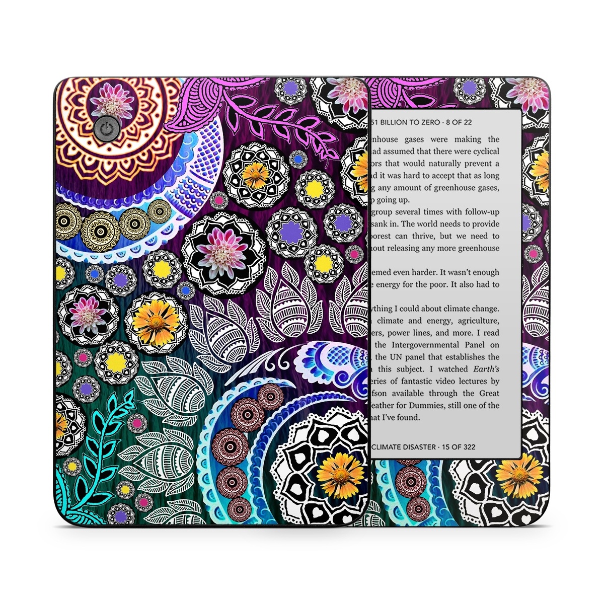 Kobo Clara 2E Skin design of Pattern, Psychedelic art, Art, Visual arts, Design, Floral design, Textile, Motif, Circle, Illustration, with black, gray, purple, blue, green, red colors