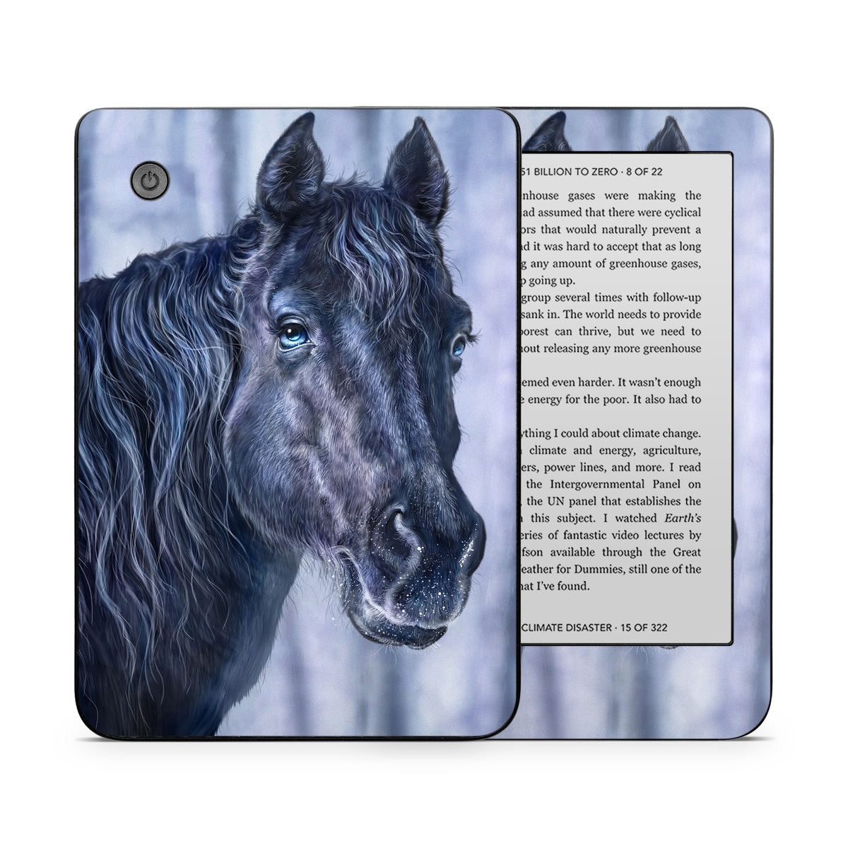 Kobo Clara 2E Skin design of Horse, Mammal, Vertebrate, Hair, Mane, Stallion, Snout, Mare, Mustang horse, Livestock, with black, white, blue colors