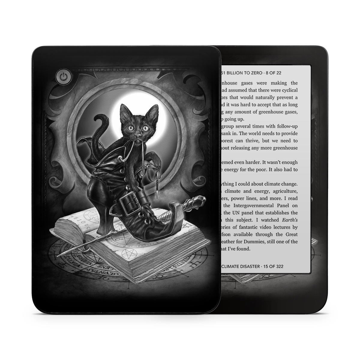 Kobo Clara 2E Skin design of Cat, Boot, Book, Wand, Shoelace, Mirror, with black, white, gray colors