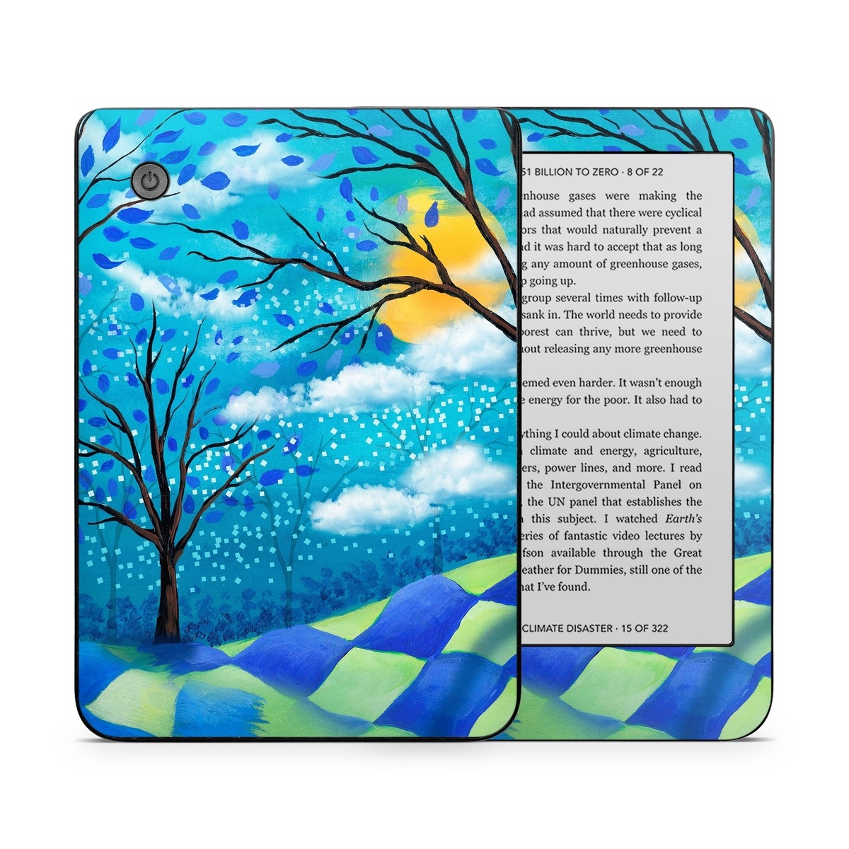 Kobo Clara 2E Skin design of Natural landscape, Nature, Blue, Tree, Sky, Branch, Spring, Woody plant, Plant, Leaf, with blue, gray, black, purple, green colors