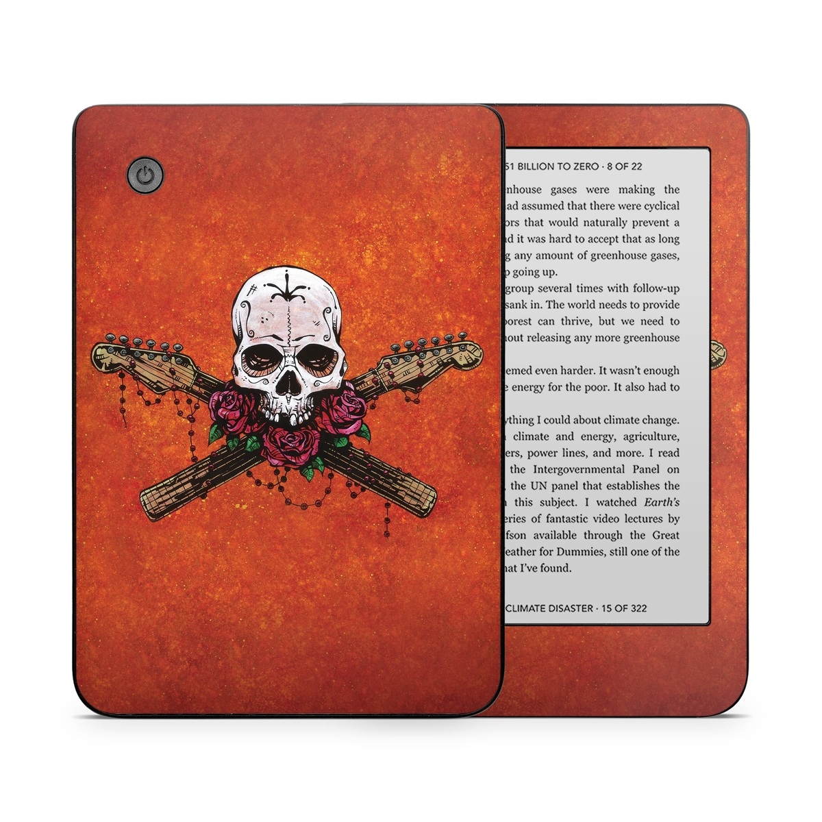 Kobo Clara 2E Skin design of Sleeve, Orange, Skull, Font, Bone, Art, T-shirt, Symbol, Circle, Emblem, with black, white, gray, brown, red, green colors