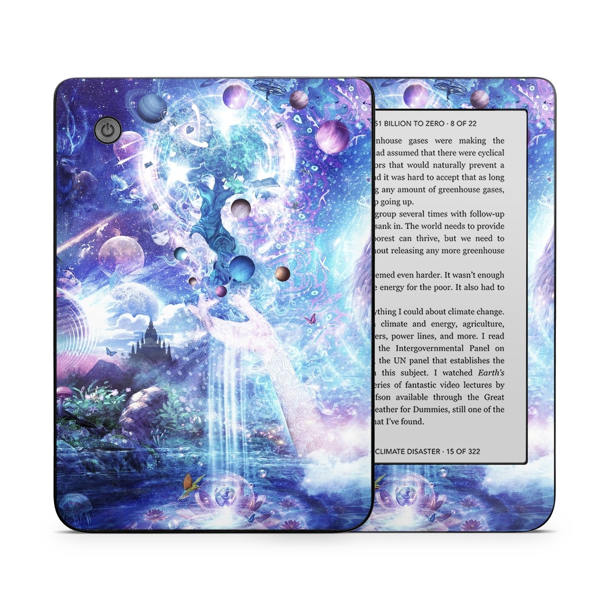 Kobo Clara 2E Skin design of Bird, Butterfly, Planets, Deer, Space, Purple, World, Astronomical Object, Cg Artwork, Illustration, Universe, Painting, Fictional Character, Outer Space, Astronomy, Science, Water Feature, Graphic Design, Graphics, Star, Mythology, with blue, purple, white, black, gray, green colors