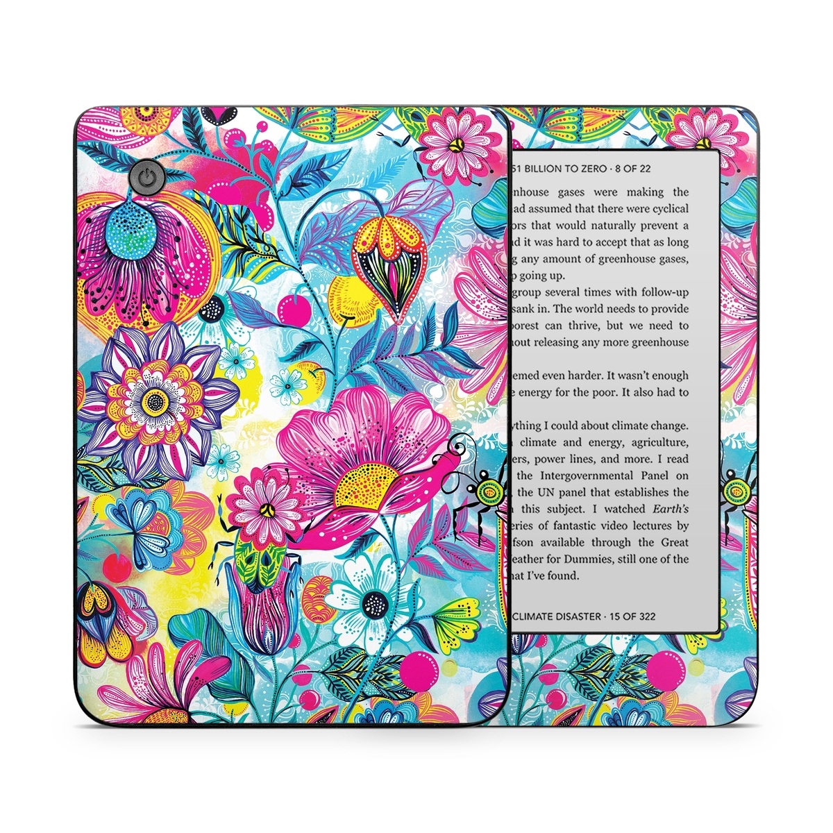 Kobo Clara 2E Skin design of Pattern, Floral design, Textile, Design, Flower, Wildflower, Visual arts, Plant, Wrapping paper, with blue, pink, purple, green, yellow, orange, white colors