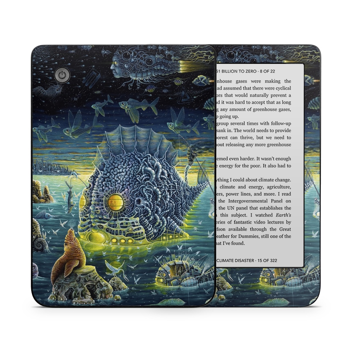 Kobo Clara 2E Skin design of Organism, Water, Illustration, Art, Painting, Cg artwork, Fiction, Fictional character, Marine biology, Mythology, with black, gray, blue, green colors