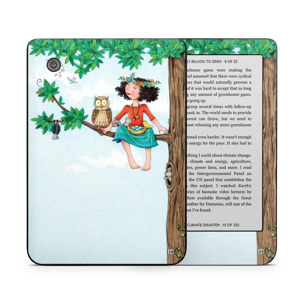 Kobo Clara 2E Skin design of Cartoon, Illustration, Branch, Bird, Owl, Tree, Art, Plant, Clip art, Fictional character, with blue, gray, red, black, white, green colors