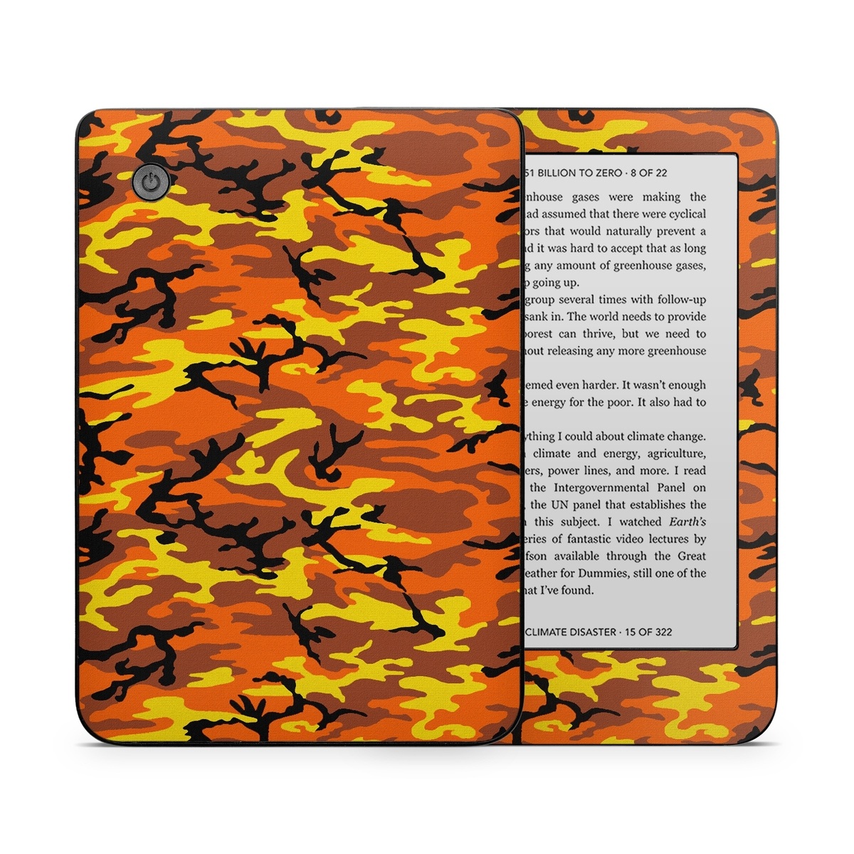 Kobo Clara 2E Skin design of Military camouflage, Orange, Pattern, Camouflage, Yellow, Brown, Uniform, Design, Tree, Wildlife, with red, green, black colors