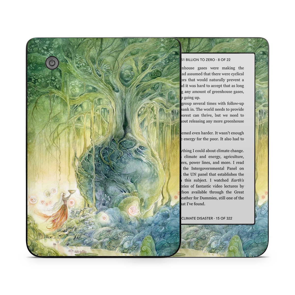 Kobo Clara 2E Skin design of Green, Watercolor paint, Painting, Water, Art, Illustration, Grass, Tree, Plant, Fictional character, with blue, green, red, yellow colors