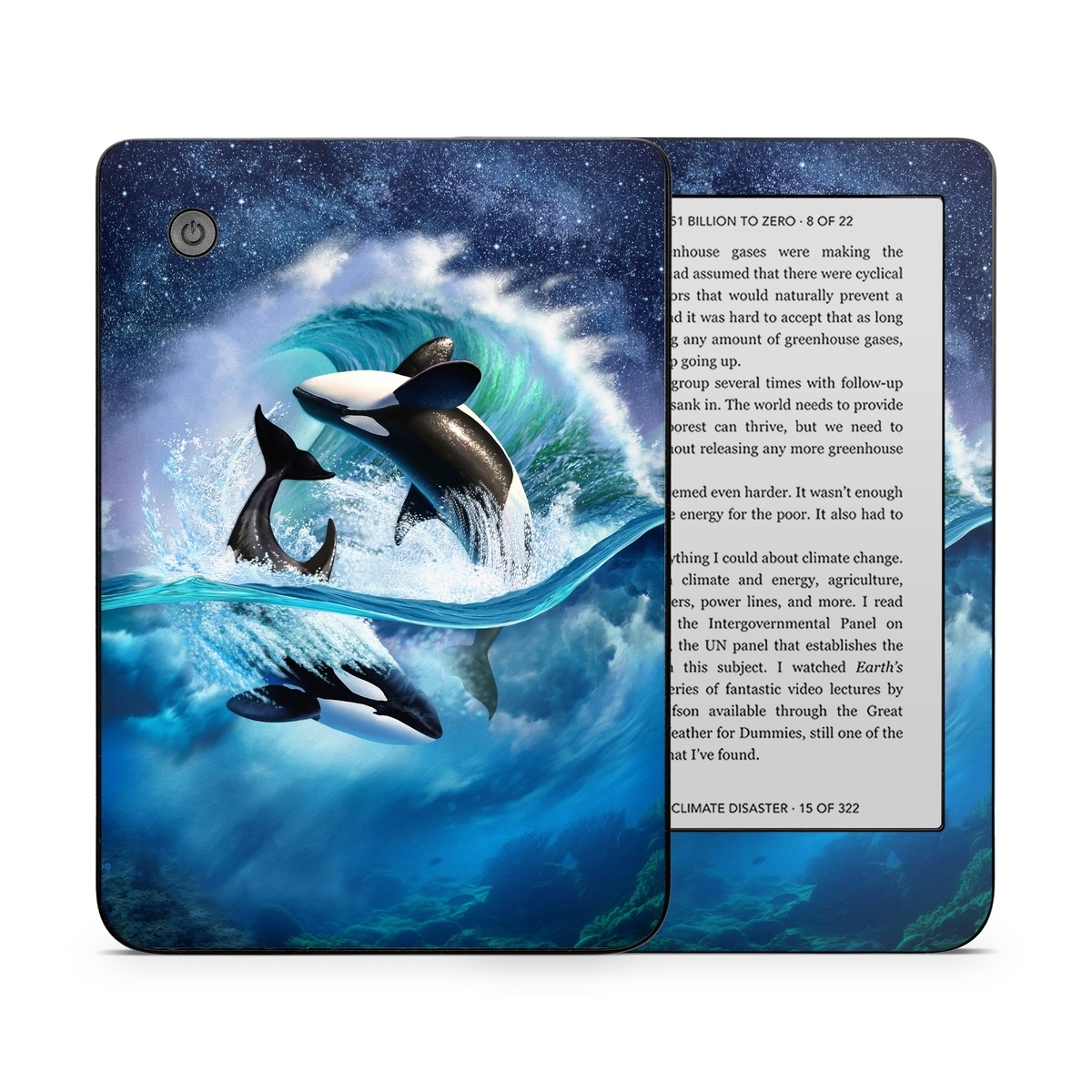 Kobo Clara 2E Skin design of Dolphin, Short-beaked common dolphin, Sky, Cetacea, Killer whale, Marine mammal, Water, Illustration, Bottlenose dolphin, Common bottlenose dolphin, with black, blue, white, green colors
