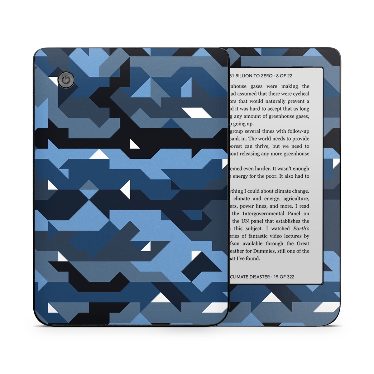 Kobo Clara 2E Skin design of Blue, Pattern, Design, Font, Line, Camouflage, Illustration, Triangle, with blue, black, white, gray colors