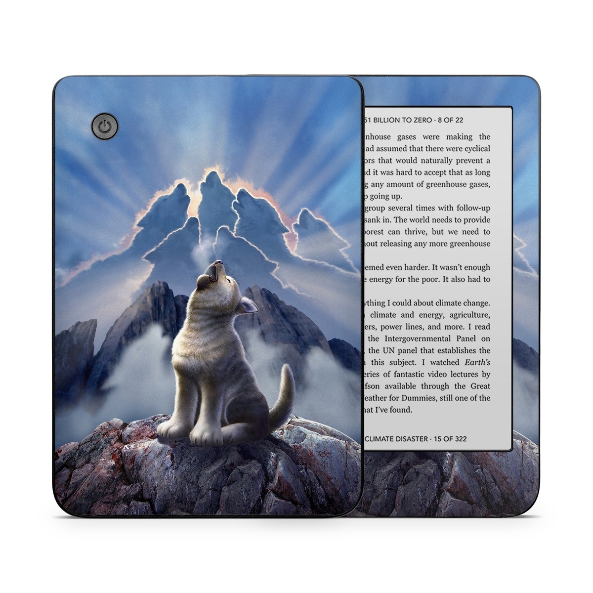 Kobo Clara 2E Skin design of Sky, Cloud, Atmosphere, Rock, Wolf, Photography, Cg artwork, Illustration, Mountain, Mythology, with white, blue, gray, brown colors