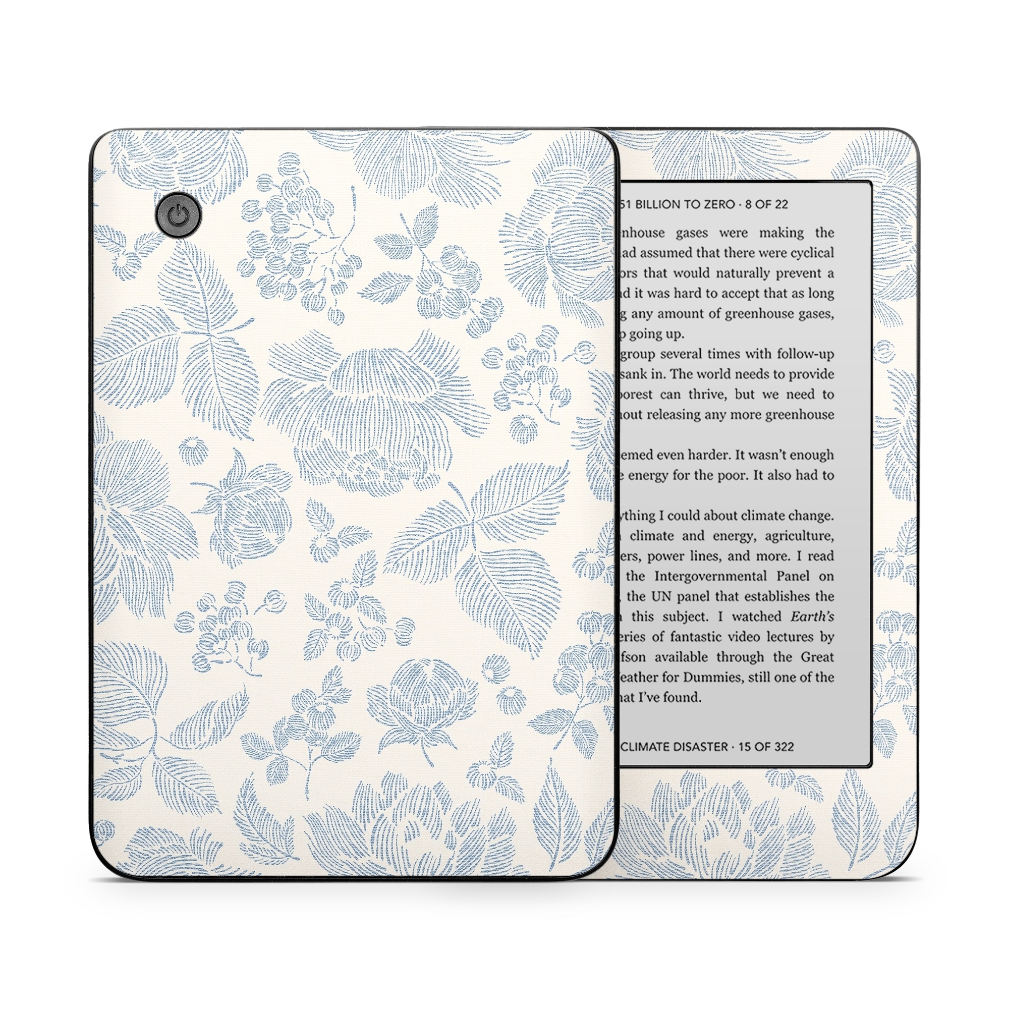 Kobo Clara 2E Skin design of White, Botany, Leaf, Textile, Branch, Organism, Art, Aqua, Line, Rectangle, with white, blue colors