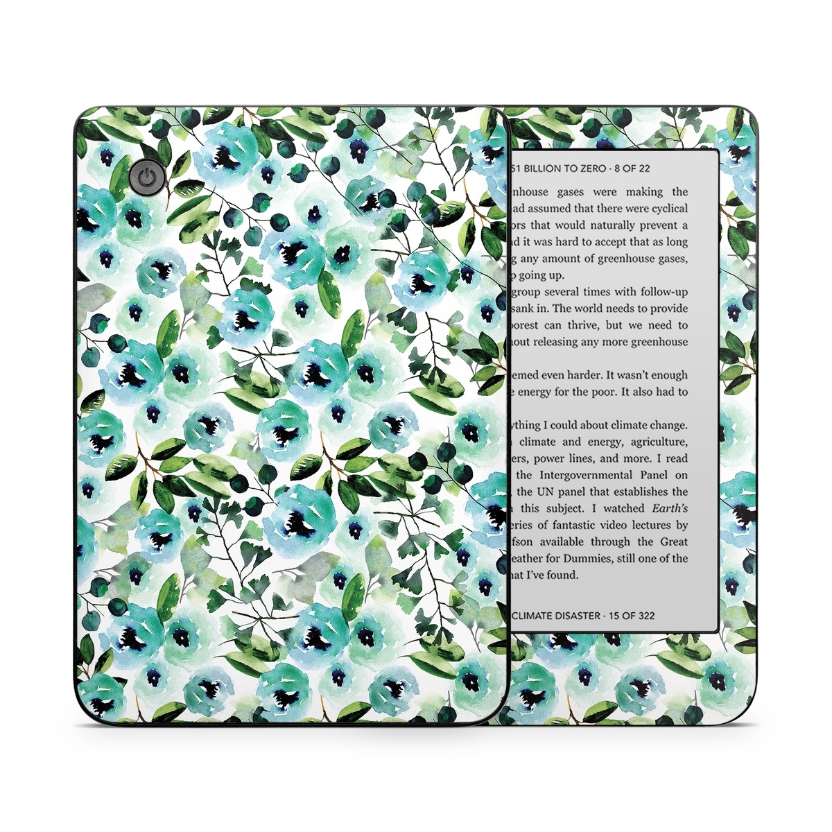 Kobo Clara 2E Skin design of Green, Pattern, Leaf, Aqua, Plant, Design, Branch, Organism, Flower, Ivy, with white, green, blue, black colors