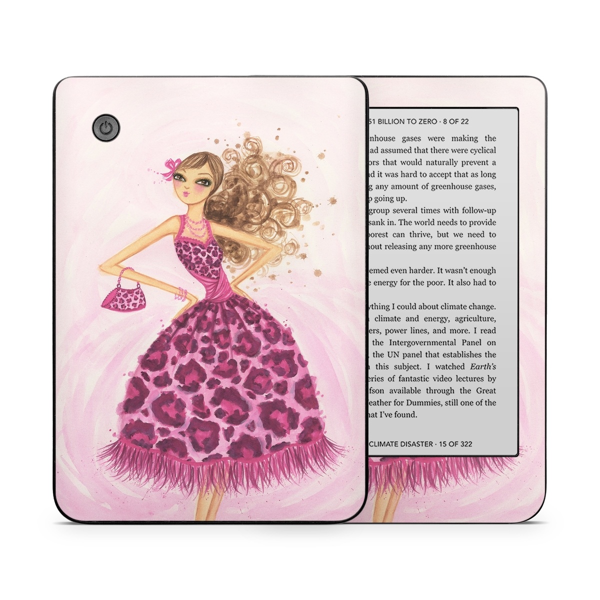 Kobo Clara 2E Skin design of Pink, Doll, Dress, Fashion illustration, Barbie, Fashion design, Illustration, Gown, Costume design, Toy, with pink, gray, red, purple, green colors