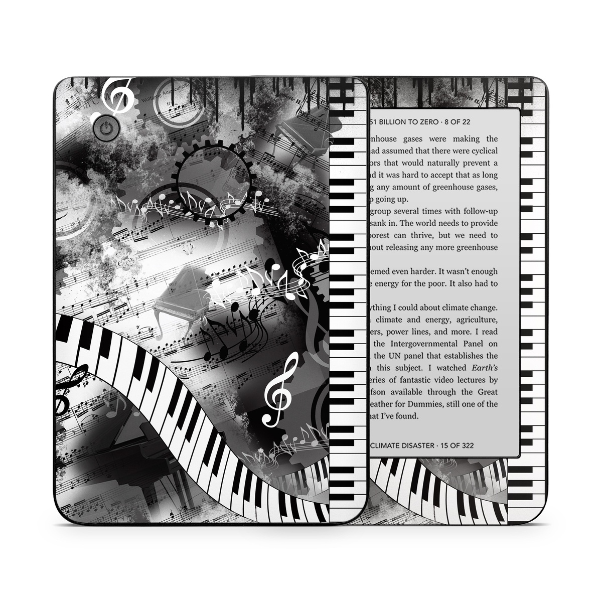 Kobo Clara 2E Skin design of Music, Monochrome, Black-and-white, Illustration, Graphic design, Musical instrument, Technology, Musical keyboard, Piano, Electronic instrument, with black, gray, white colors