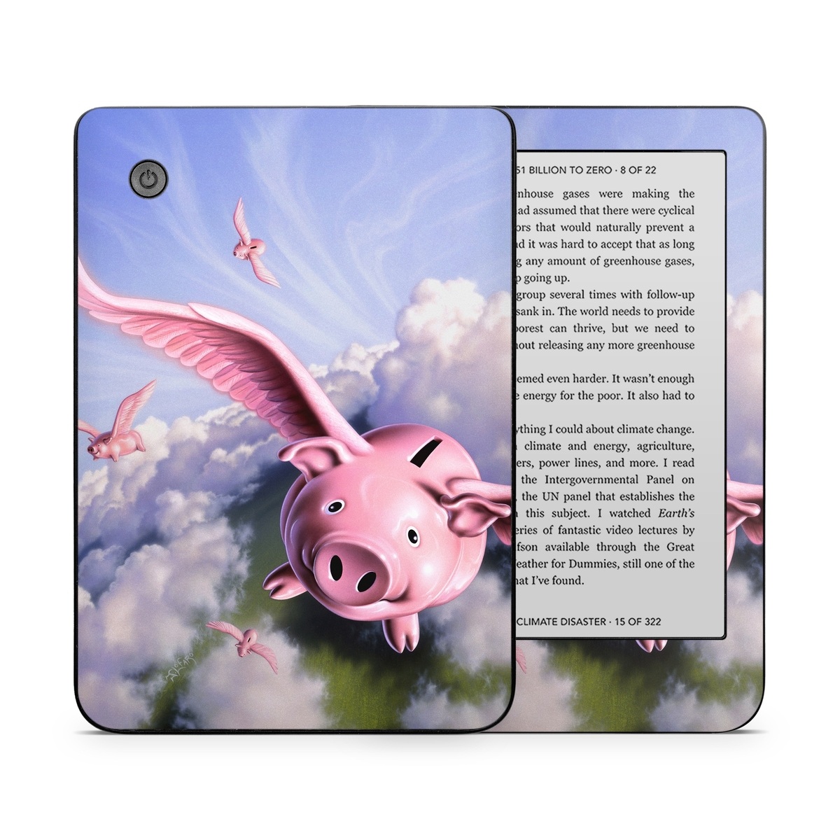 Kobo Clara 2E Skin design of Cloud, Sky, Happy, Pink, Bird, Art, Wing, Snout, Wind, Fictional character, with pink, white, blue, gray, green colors