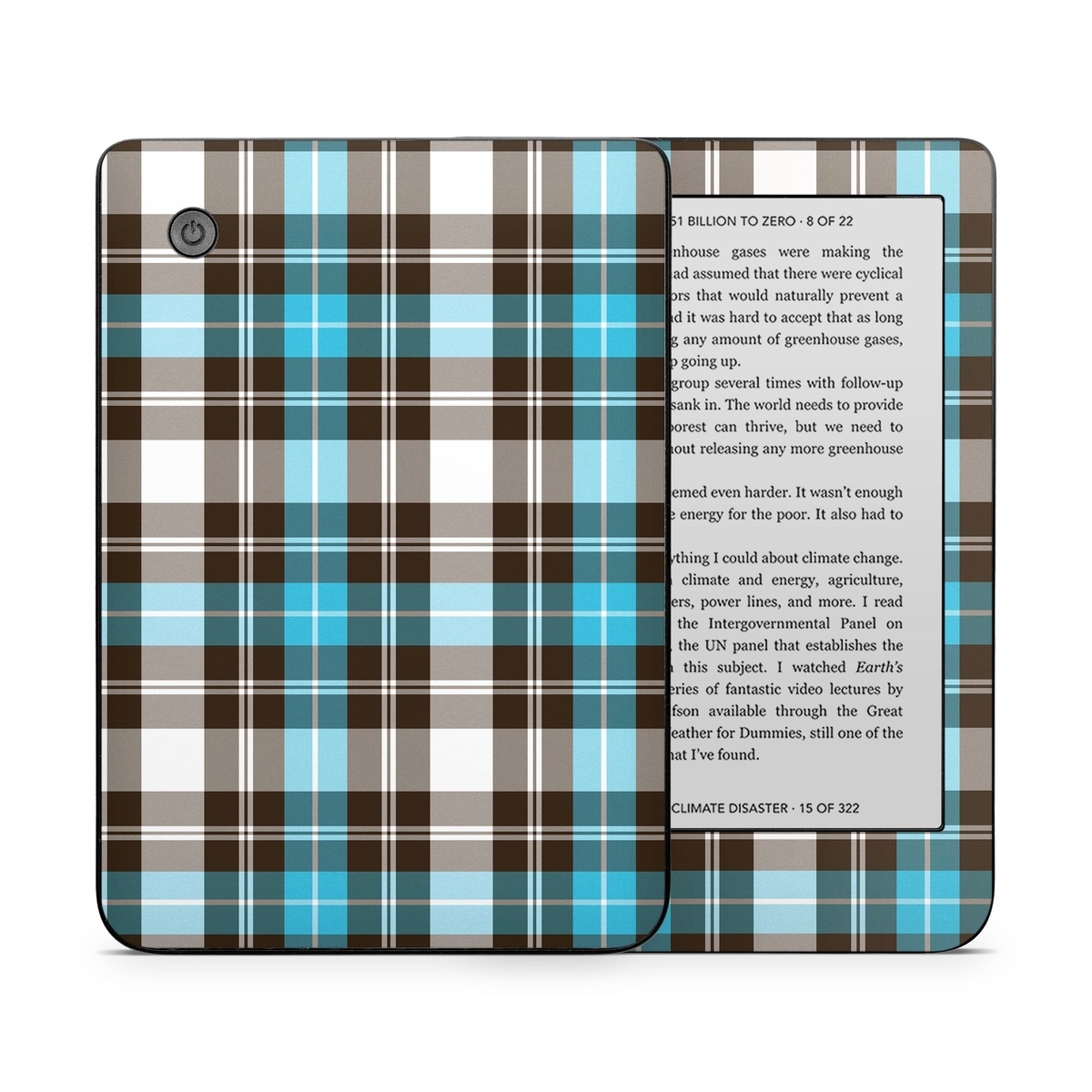 Kobo Clara 2E Skin design of Plaid, Pattern, Tartan, Turquoise, Textile, Design, Brown, Line, Tints and shades, with gray, black, blue, white colors