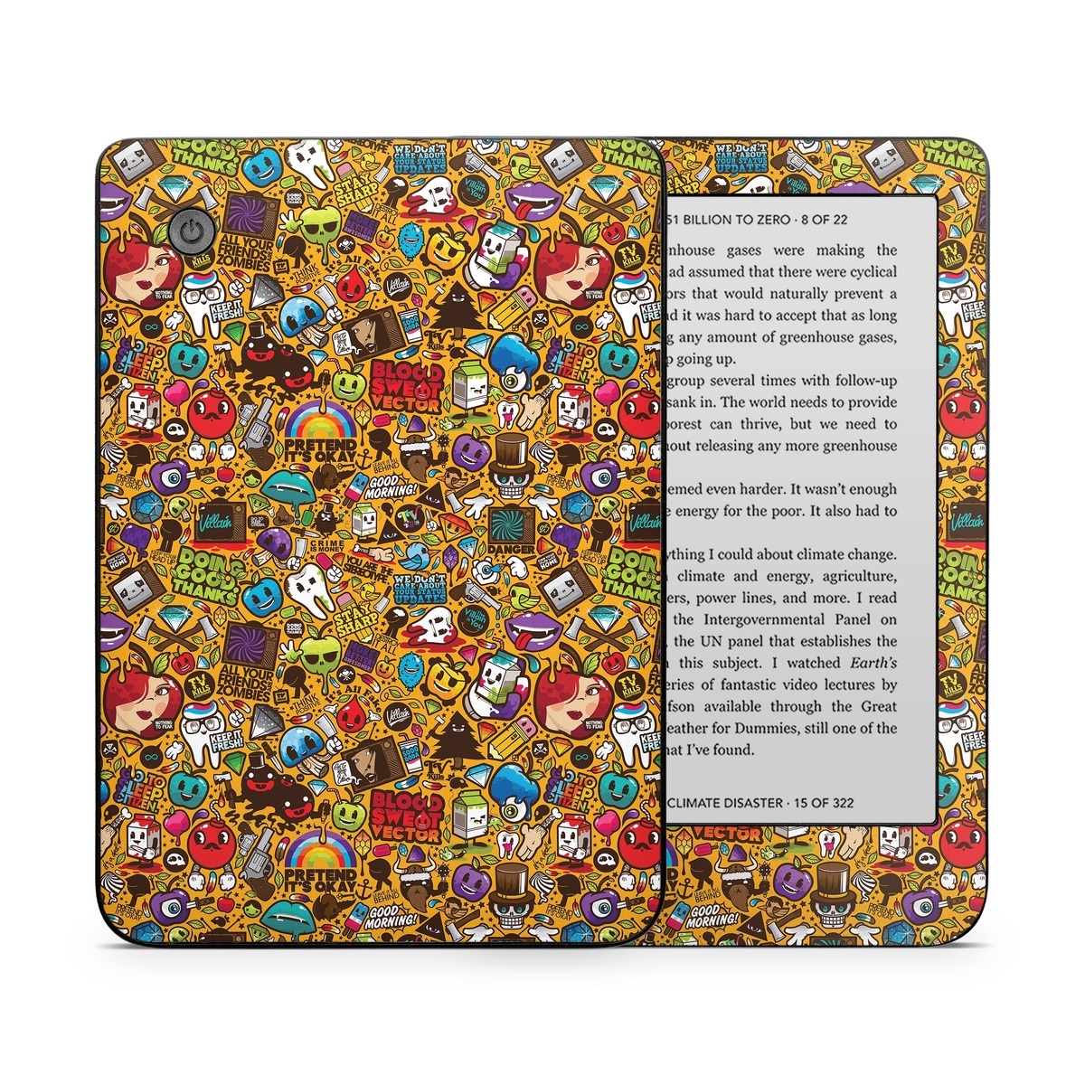 Kobo Clara 2E Skin design of Pattern, Psychedelic art, Visual arts, Art, Design, Illustration, Graphic design, Doodle, with black, green, red, gray, orange, blue colors