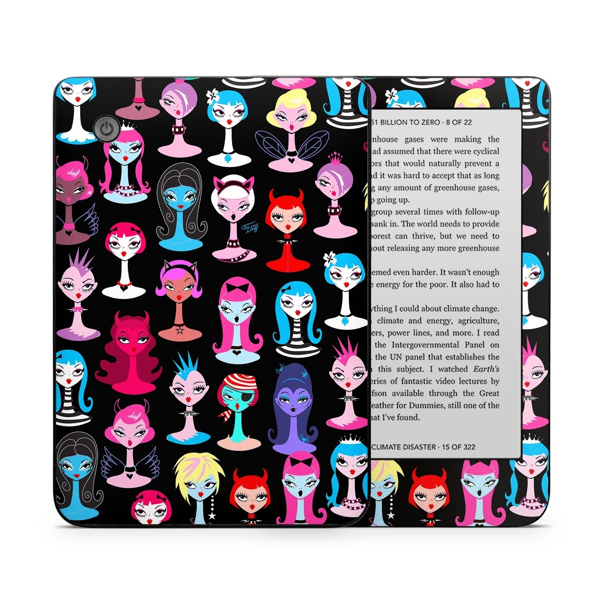 Kobo Clara 2E Skin design of Facial expression, Product, Font, Pink, Red, Magenta, Material property, Pattern, Fictional character, Illustration, with black, pink, blue, brown, red, green, white, yellow colors