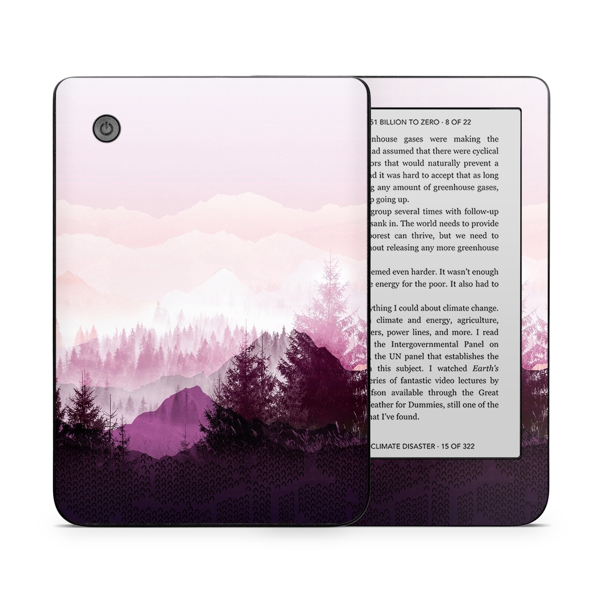 Kobo Clara 2E Skin design of Sky, Purple, Atmospheric phenomenon, Pink, Natural landscape, Violet, Mountain, Tree, Morning, Mountain range, with white, purple, black, pink colors