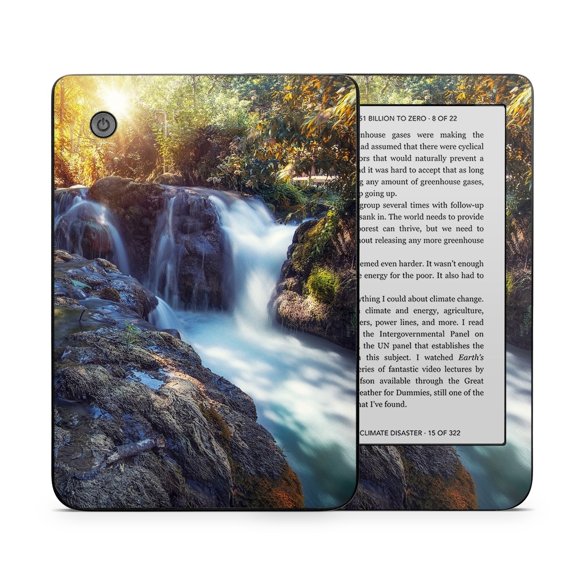 Kobo Clara 2E Skin design of Waterfall, Natural landscape, Body of water, Nature, Water resources, Water, Watercourse, Stream, Nature reserve, Rock, with gray, yellow, orange, green, white, blue colors