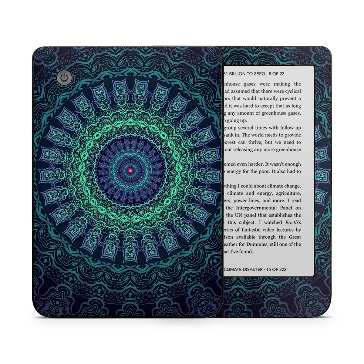 Kobo Clara 2E Skin design of Colorfulness, Blue, Green, Pattern, Teal, Turquoise, Art, Electric Blue, Aqua, Circle, Majorelle Blue, Visual Arts, Fractal Art, Design, Symmetry, Psychedelic Art, Graphics, Kaleidoscope, Motif, with black, green, red colors