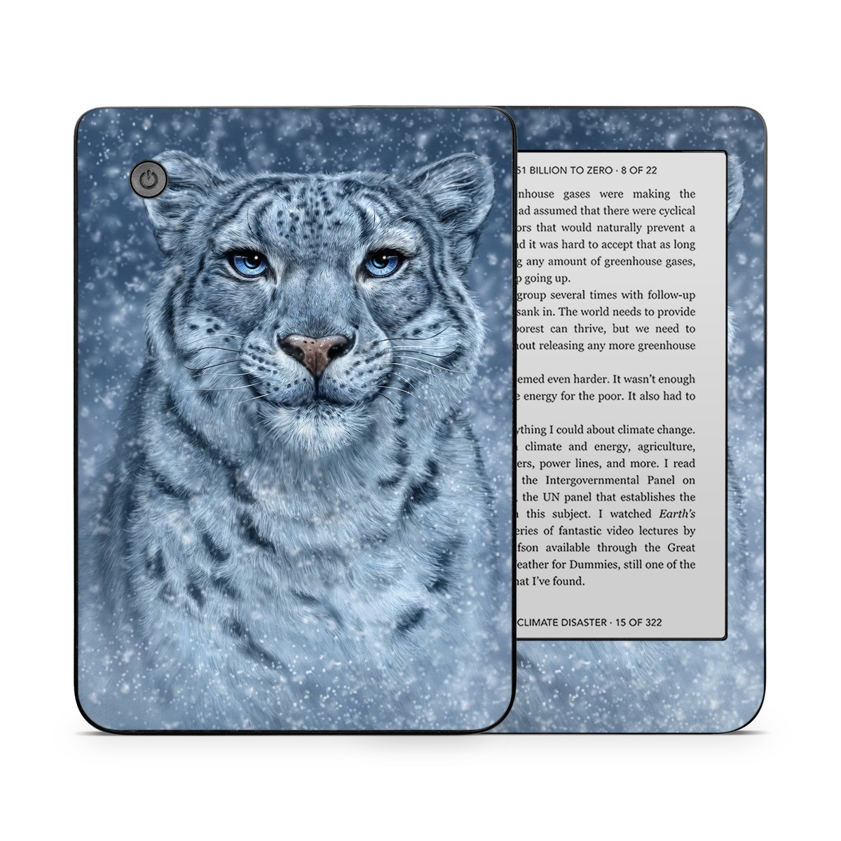 Kobo Clara 2E Skin design of Snow, Carnivore, Felidae, Whiskers, Terrestrial animal, Snout, Big cats, Painting, Fur, Illustration, with white, black, blue, gray colors