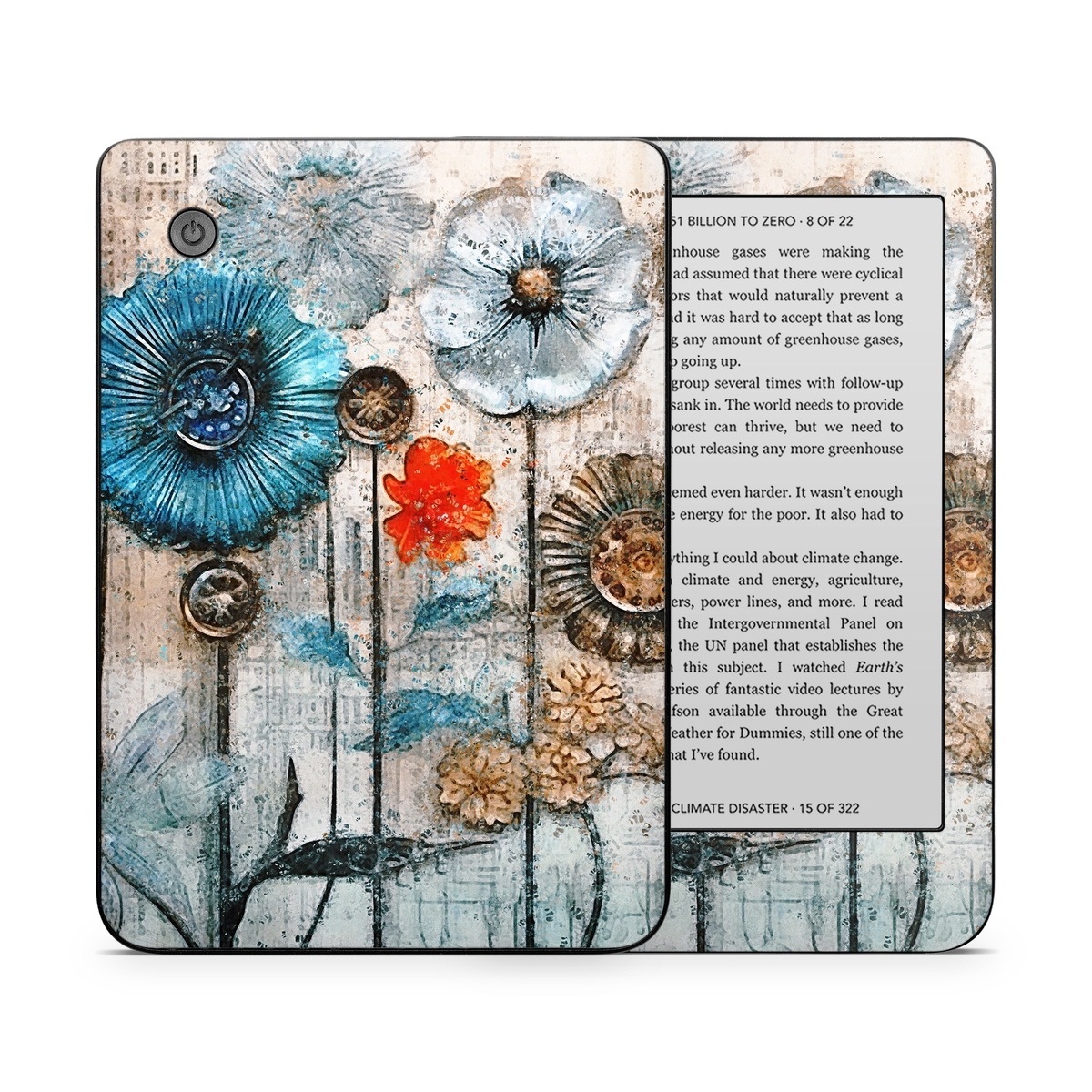 Kobo Clara 2E Skin design of Plant, Blue, Petal, Textile, Paint, Flower, Art, Creative arts, Pattern, Rectangle, with white, brown, black, yellow, blue, red, gray colors