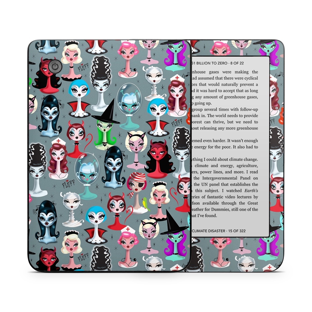Kobo Clara 2E Skin design of Facial expression, Head, Design, Collection, Fictional character, Pattern, Skull, Illustration, Collage, Style, with gray, white, red, blue, green, black, pink, purple colors