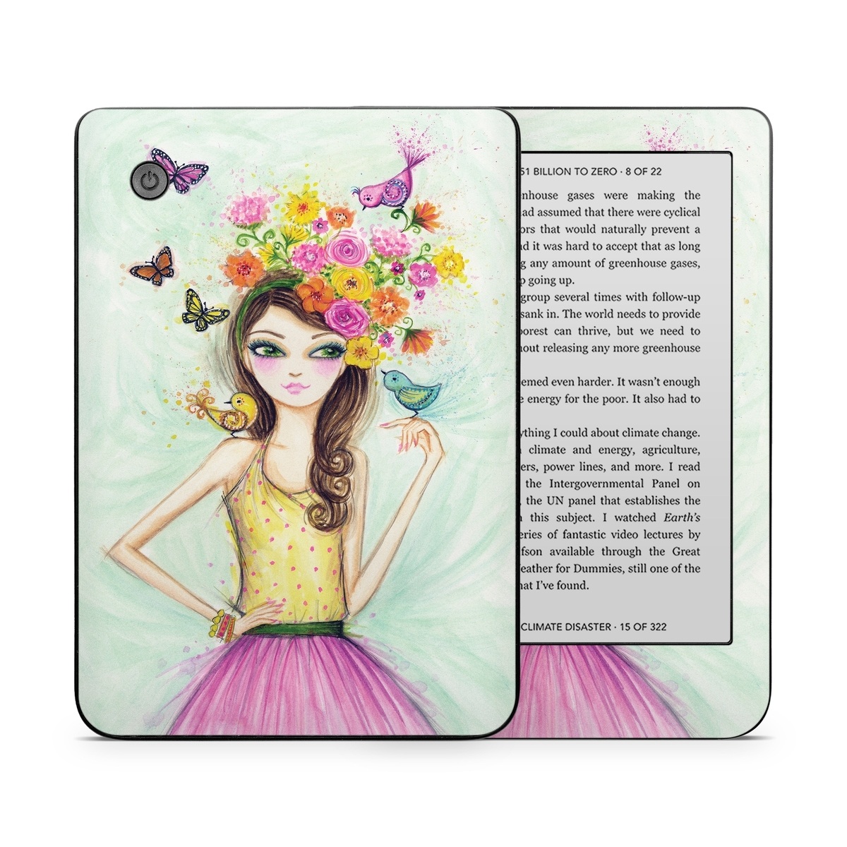 Kobo Clara 2E Skin design of Pink, Illustration, Fashion illustration, Watercolor paint, Fictional character, Dress, Hair accessory, Wildflower, Costume, Plant, with blue, pink, yellow, orange, purple, brown, green colors